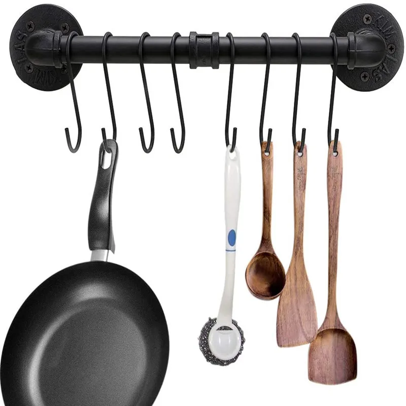 

Home Decoration Industrial Style Hanging Pipe with Hooks Metal Wall Mounted Holders Pipe for Kitchen Tools Organization