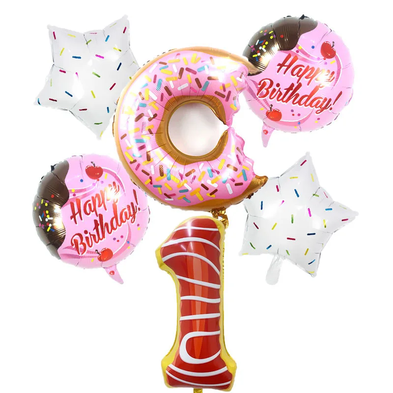 

JOYMEMO 6PCS Donut Number Foil Balloon Set Happy Birthday Decoration Candy Number Star for Baby 1st Birthday Party Supplies