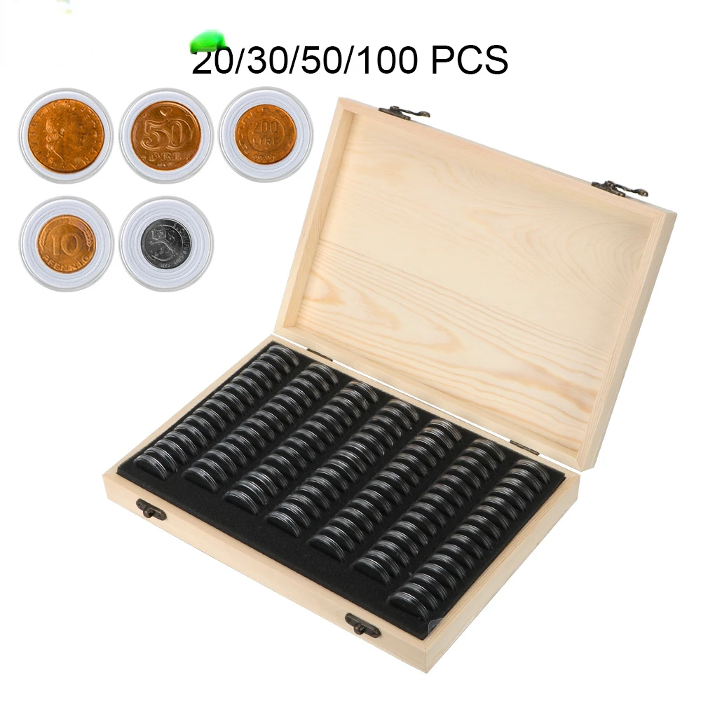 

Coin Storage Box With Adjustment Pad 20/30/50/100PCS Adjustable Wooden Commemorative Coin Collection Holder Capsules