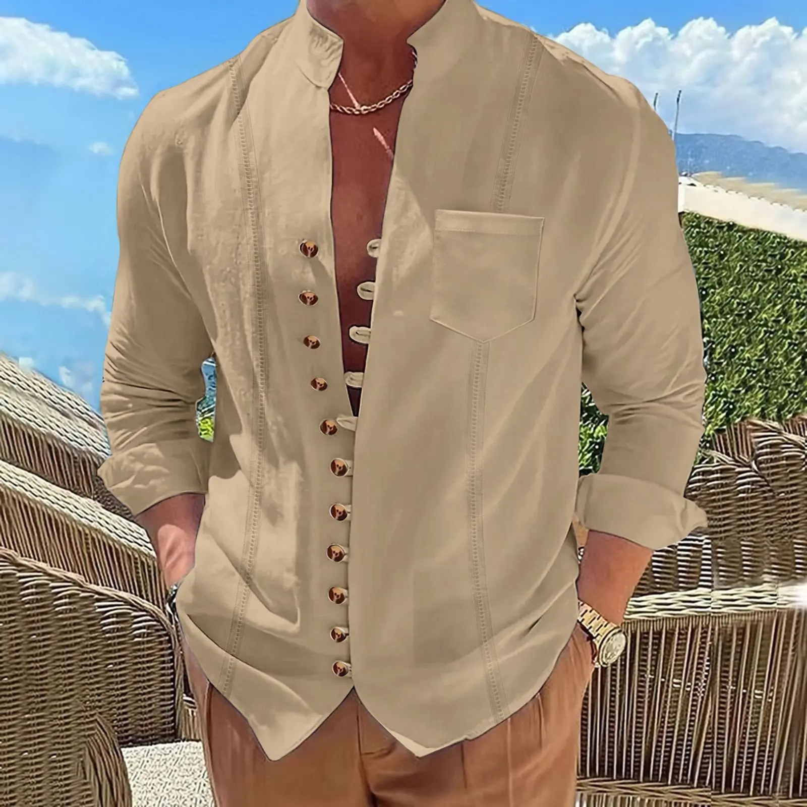 Мужская повседневная рубашка из хлопка и льна с несколькими пуговицами
