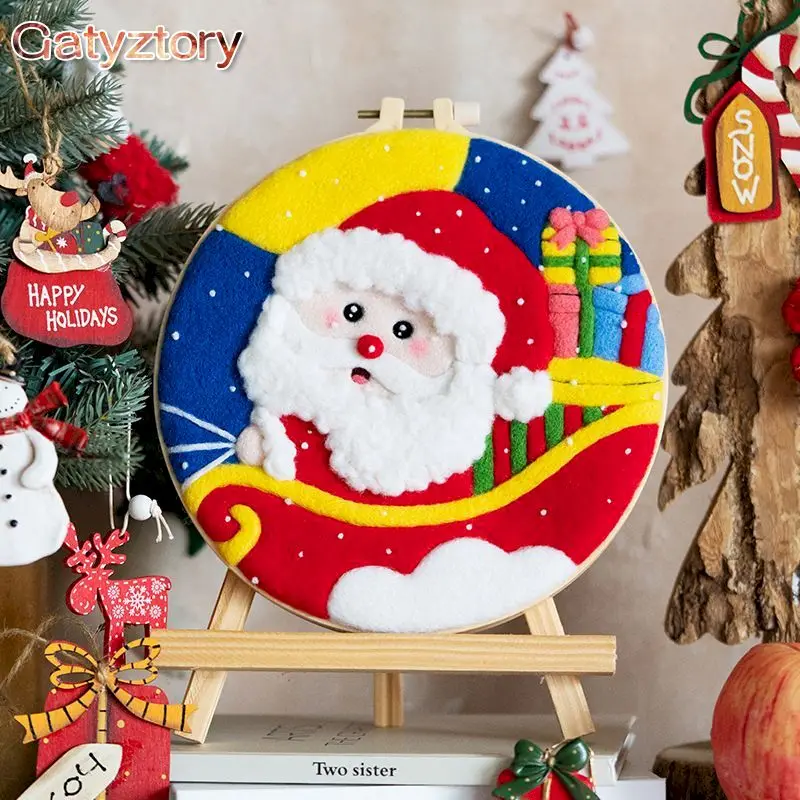 

GATYZTORY 20x20cm Wool Felting DIY Painting With Embroidery Handmade Wool Needle Felt Santa Claus Picture For Home Decors Crafts