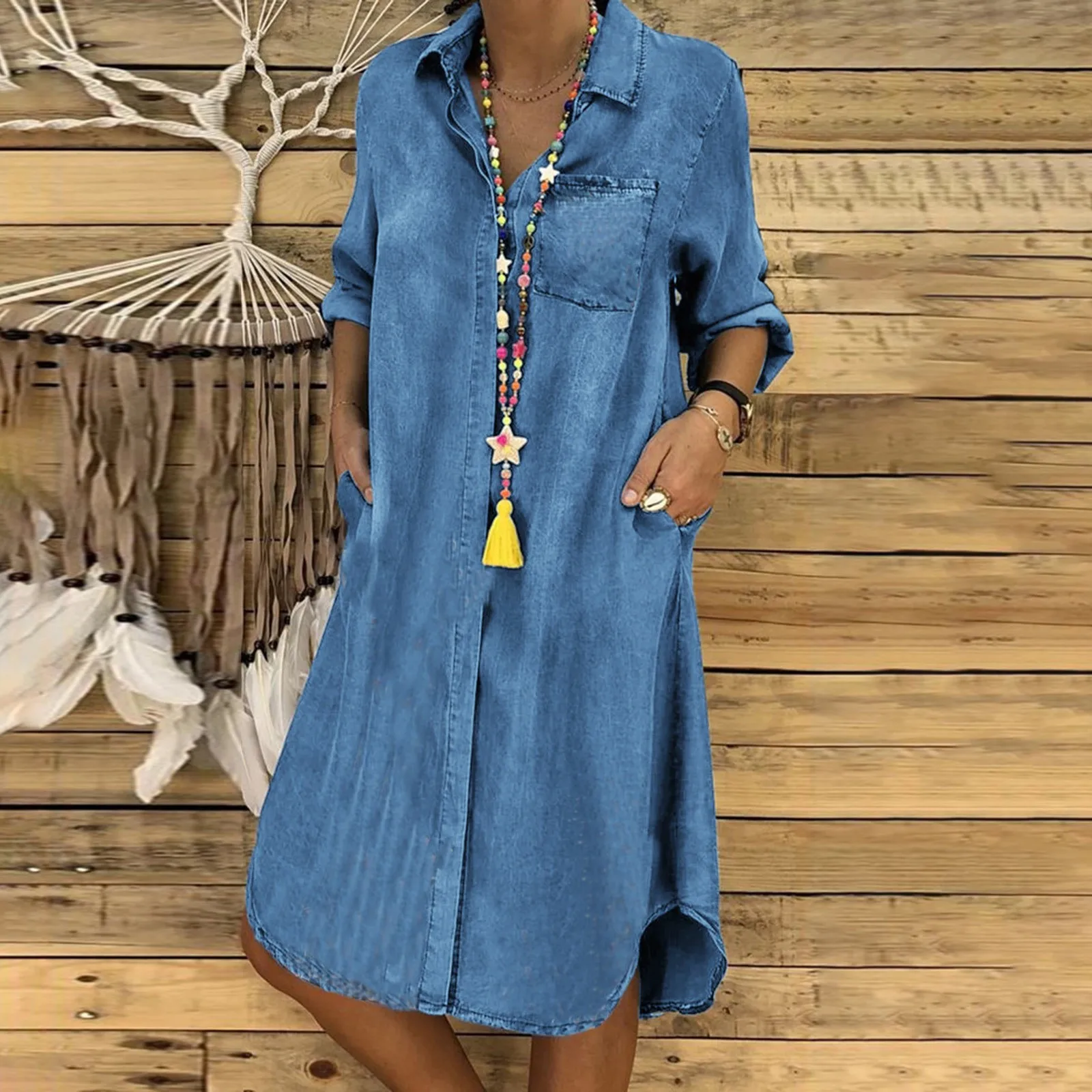 

Summer Dress Solid Single Breasted Long Dress Straight Long Sleeve Women Dresses Loose Cotton Cotton Dress Vestidos