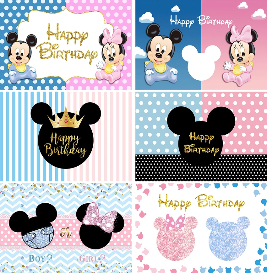 

Mickey and Minnie Mouse Gender Reveal Backdrops Pink and Blue Backdrop Baby Shower for Boy or Girl Happy 1st Birthday Background