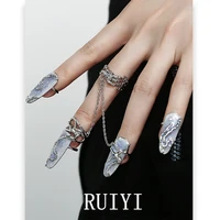 new colorful dropping oil pearl metal nail open rings female chain nail set for women girls personalise punk jewelry 2022