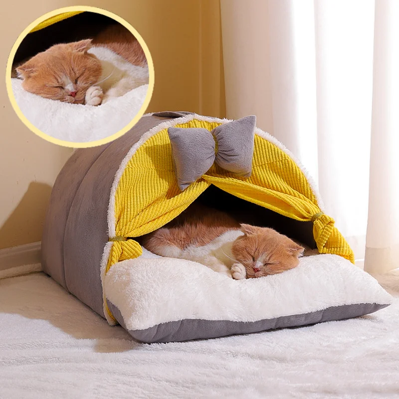 

Luxurious Semi-Enclosed Cat Kennel Bed Teepee Tent Kennel Mattress Cute Decorative PP Cotton Filling Warm Breathable All Seasons