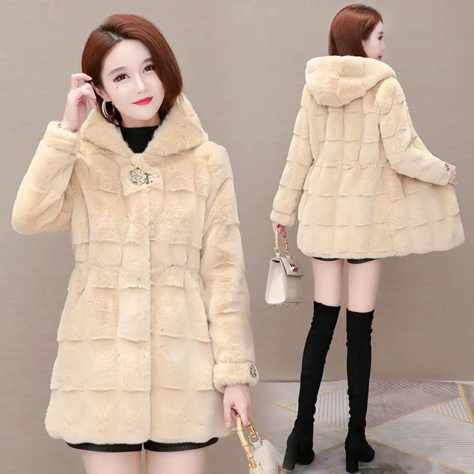 Winter Jacket Women 2022 New Mid Long Slim Faux Fur Coat Hooded Thick Mink High Quality Fashion Tops Solid Black Famale Clothing