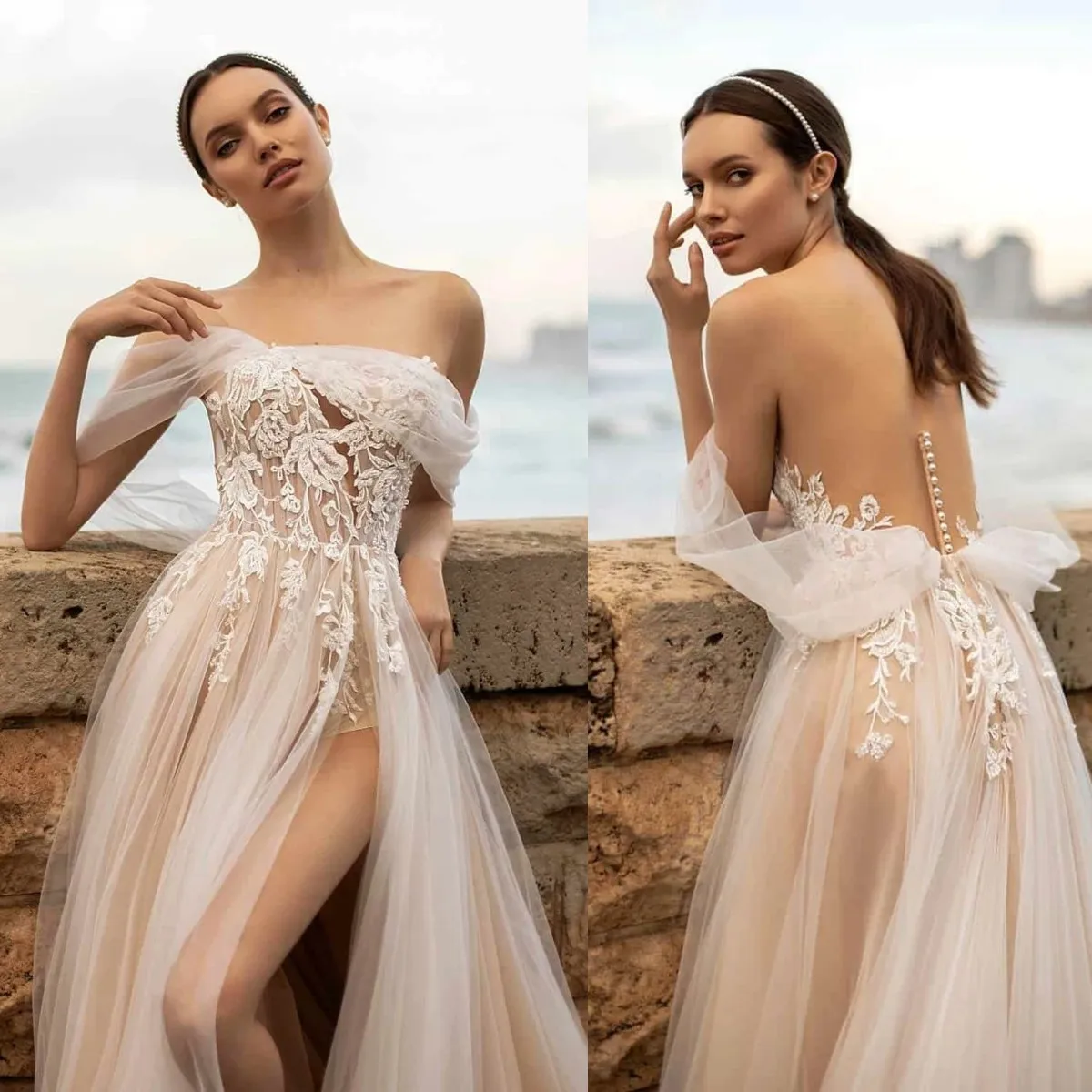 

Boho Style Sexy Off Shoulder Wedding Dress Lace Applique High SIde Slit Bridal Gown Elegant Illusion Backless Vestidos De Noiva