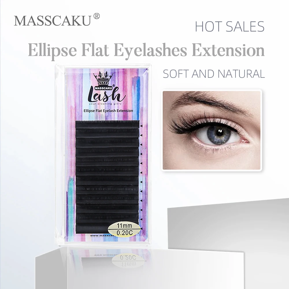 

MASSCAKU Matte Flat Eyelash Extensions Split Tips Ellipse Flat Lashes Individual Fake Eyelash Natural Dark Black Mink Lashes