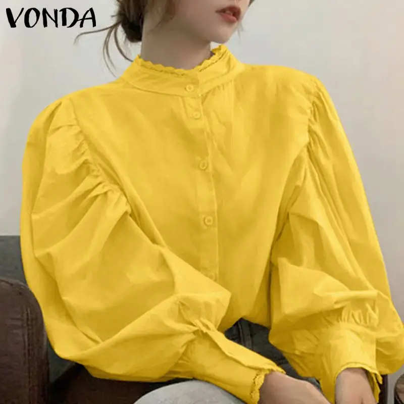 

VONDA Women Elegant Long Sleeve Blouse Shirts Femme Stand-Up Collar Baggy Chemise Tops Casual Solid Pleated Tops Blusas Oversize