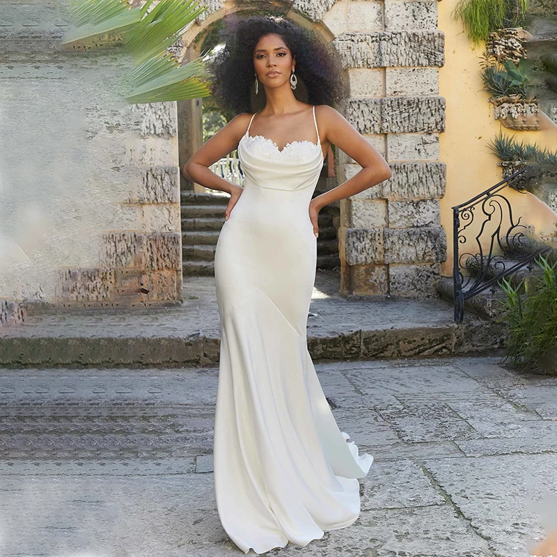 

Hot Sale Sweetheart Neck Mermaid Wedding Dress Simple Lace Appliques Spaghetti Straps Sweep Train Bride Gowns