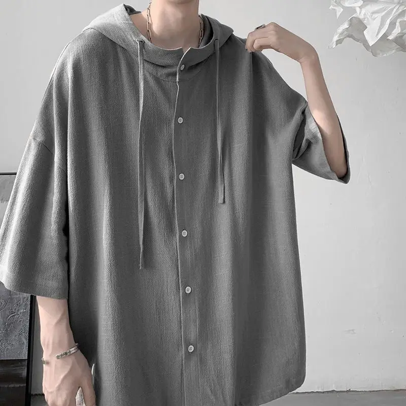 

Vintage Oversized Harajuku Streetwear Shirts for Men Summer Casual Japanese Style Black White Loose Hooded Shirt Male Clothes