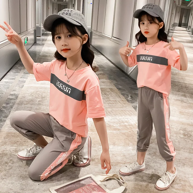 

Girls Clothes 2022 New Summer Kids Sets Short Sleeve T-Shirt + Pants Set 3- 14 Years Teenager Children Girl Clothing Sport Suits