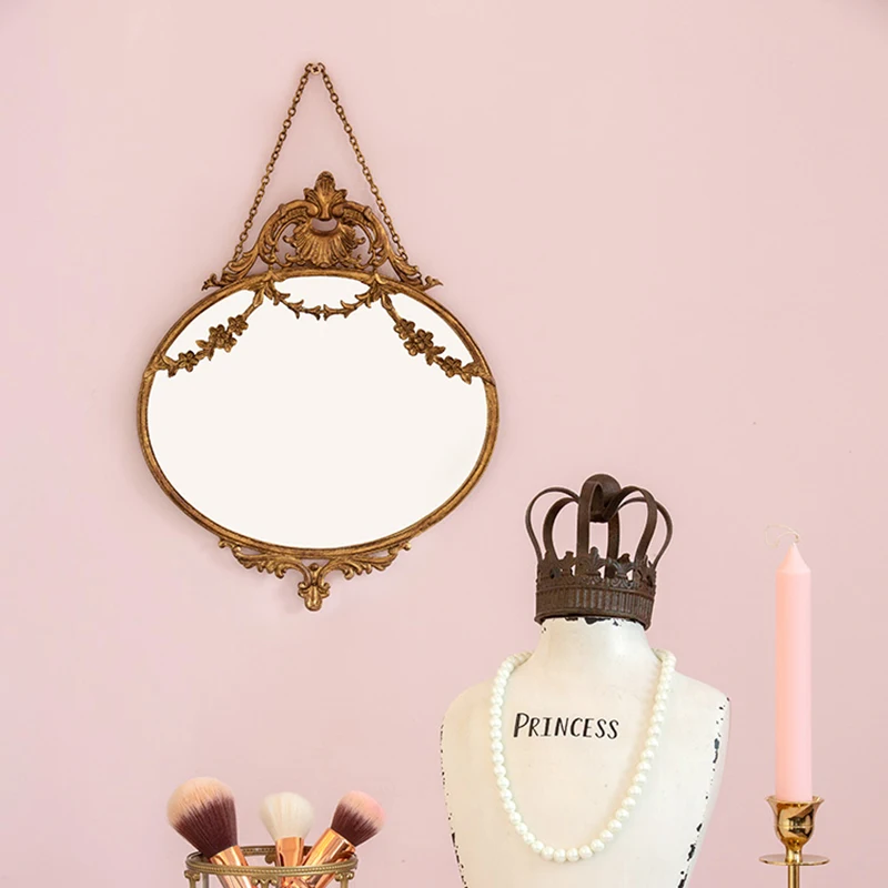 

Vintage Bathroom Decorative Mirror Wall Hanging Gold Round Vanity Decorative Mirror Makeup Aesthetic Wandspiegel Home Decor WK