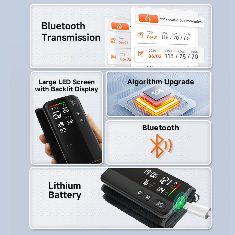 Фото Тонометр на плечо с Bluetooth, 99x2, двойная память, LED-дисплей, перезаряжаемая батарея, точное измерение в один клик №4
