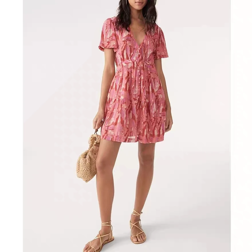 

2023 Summer New Cotton Printed V-neck Printed Dress + Women Shirt