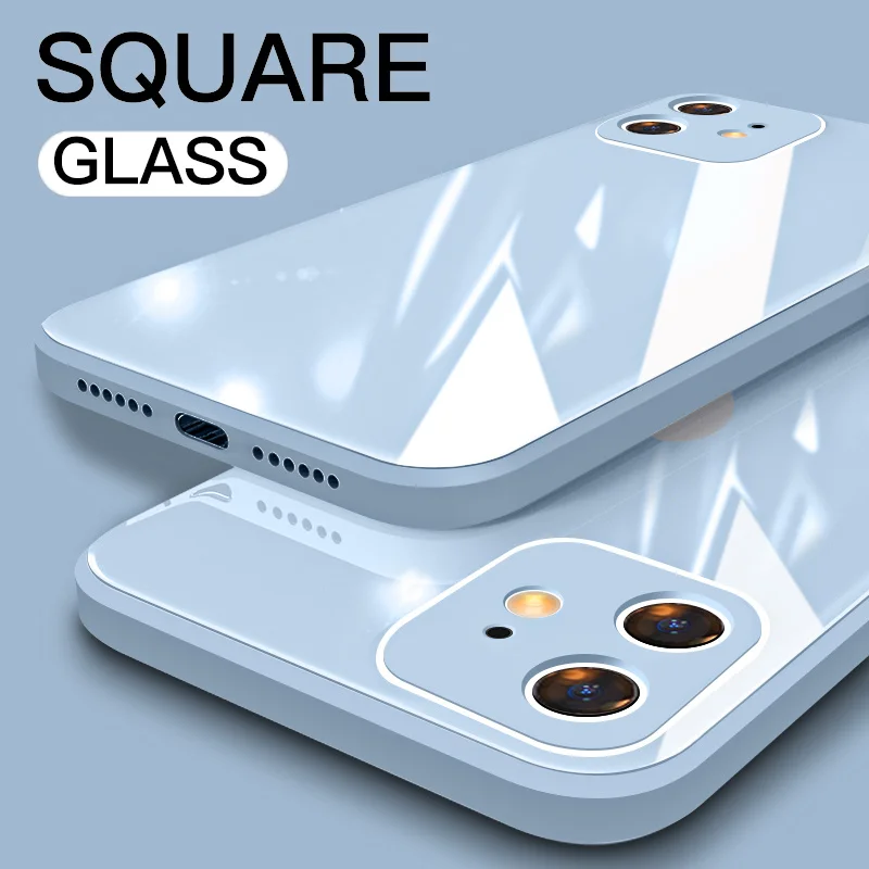 

Квадратный чехол для телефона из закаленного стекла для iPhone 13 12 11 Pro Max Mini XS Max X XR 8 7 Plus SE 2020, мягкая силиконовая рамка, чехол для телефона