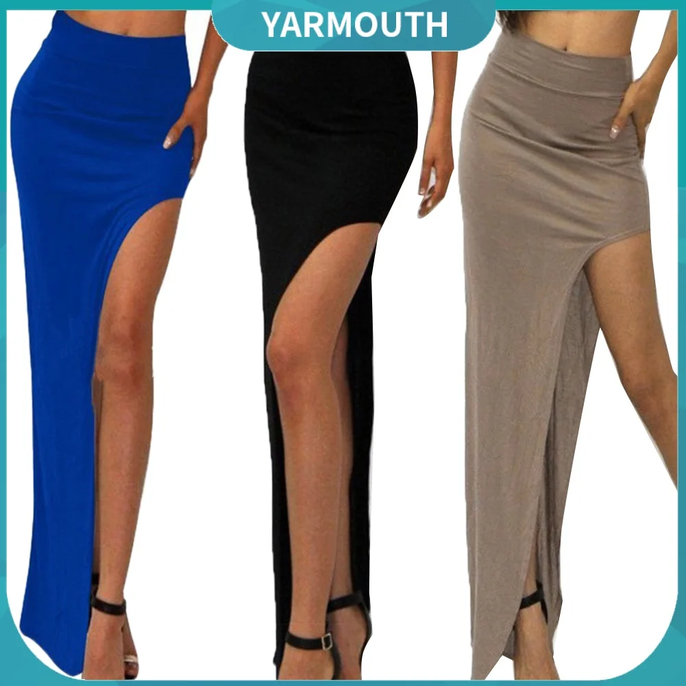 

Сексуальная Женская однотонная трикотажная эластичная облегающая длинная юбка с высокой талией и Боковым Разрезом