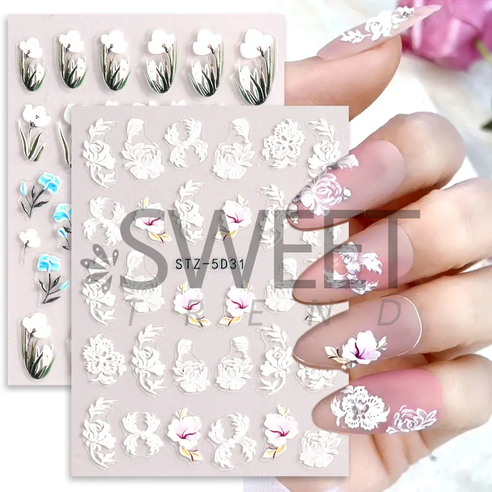 New Nail Art 5D Embossed Stickers Three-dimensional Nail Stickers Lace Charm Pattern Tulip Nail Stickers