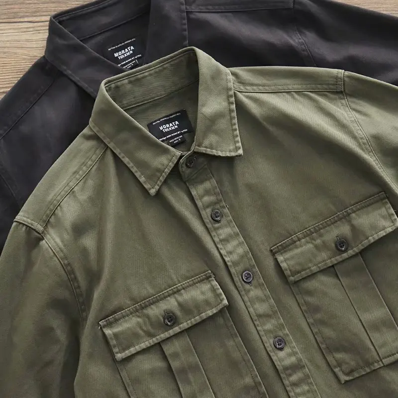 

2021 Fall Men's Workwear Work Shirt New Solid Color Washed Denim Cotton Military Shirt Men's Long Sleeve American Shirt
