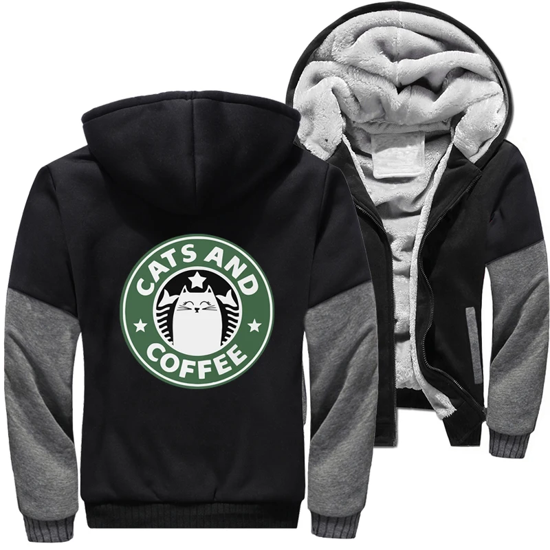 

Funny Cat And Coffee Logo Jackets For Men Winter Warm Fleece Jacket Zipper Hoodie Thicken Hoodies Sweatshirts Coats Clothing