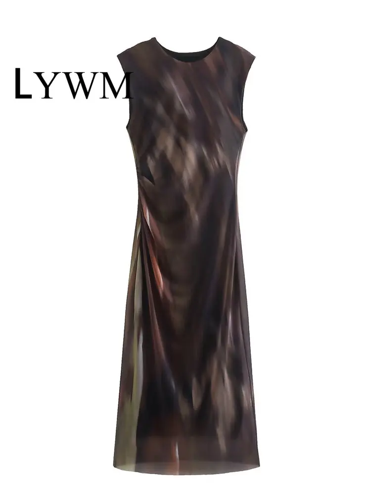 

Женское модное Тюлевое Плиссированное облегающее платье миди LYWM с принтом, винтажные женские шикарные платья без рукавов с круглым вырезом