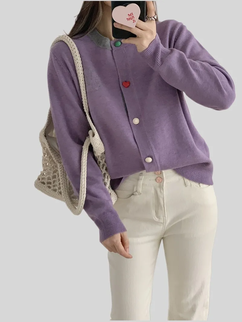 

Милый женский шерстяной кардиган с длинным рукавом, топы, модный вязаный свитер контрастных цветов с круглым вырезом и мультипликационным графическим принтом, весна 2023