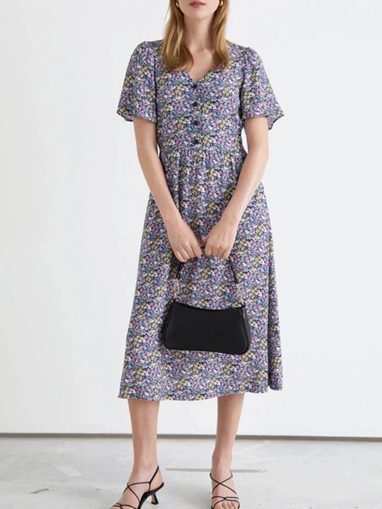 

Women's V-Neck Pastoral Style Floral Print Midi Dress High Waist Ladies Slim Elegant Short-Sleeved Robes With Buttons Holiday