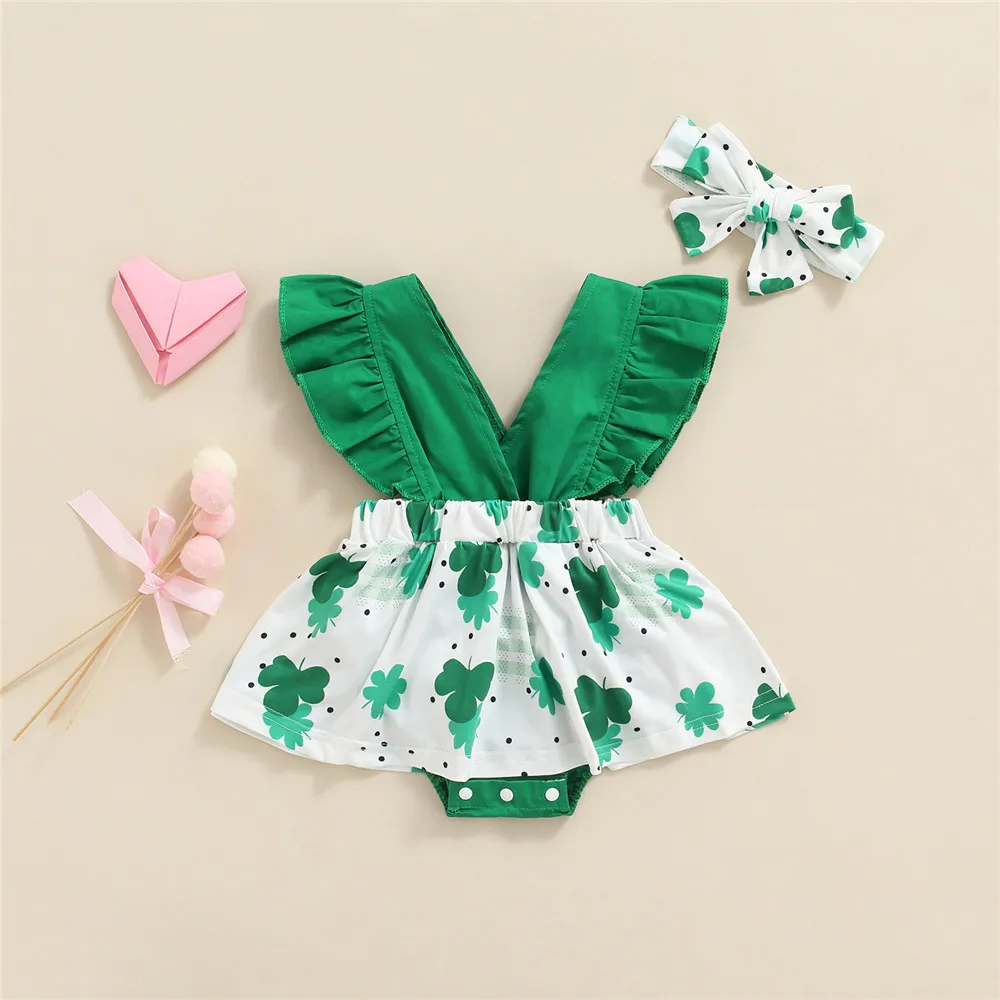 

Baby Girl St. Patrick's Day Clothes Clover Print Romper Dress Frill Bodysuit Hairband 0-18M Infant Toddler Festival Outfits New