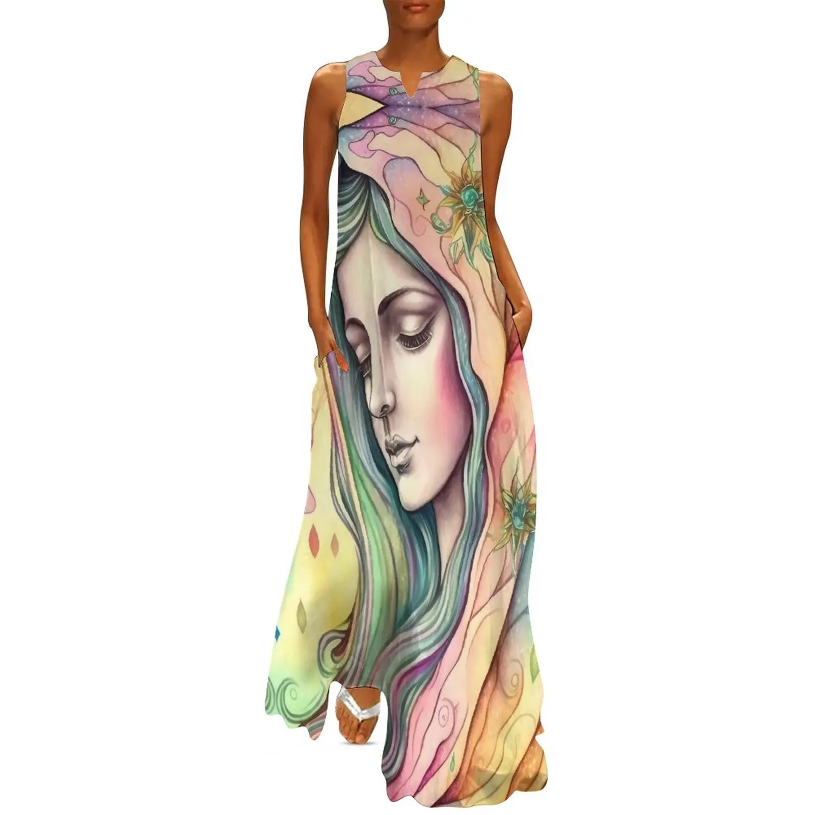 

Женское винтажное платье бохо, длинное пляжное платье-макси в стиле бохо, с изображением девы Марии, католической христианской матери, индивидуальный пошив