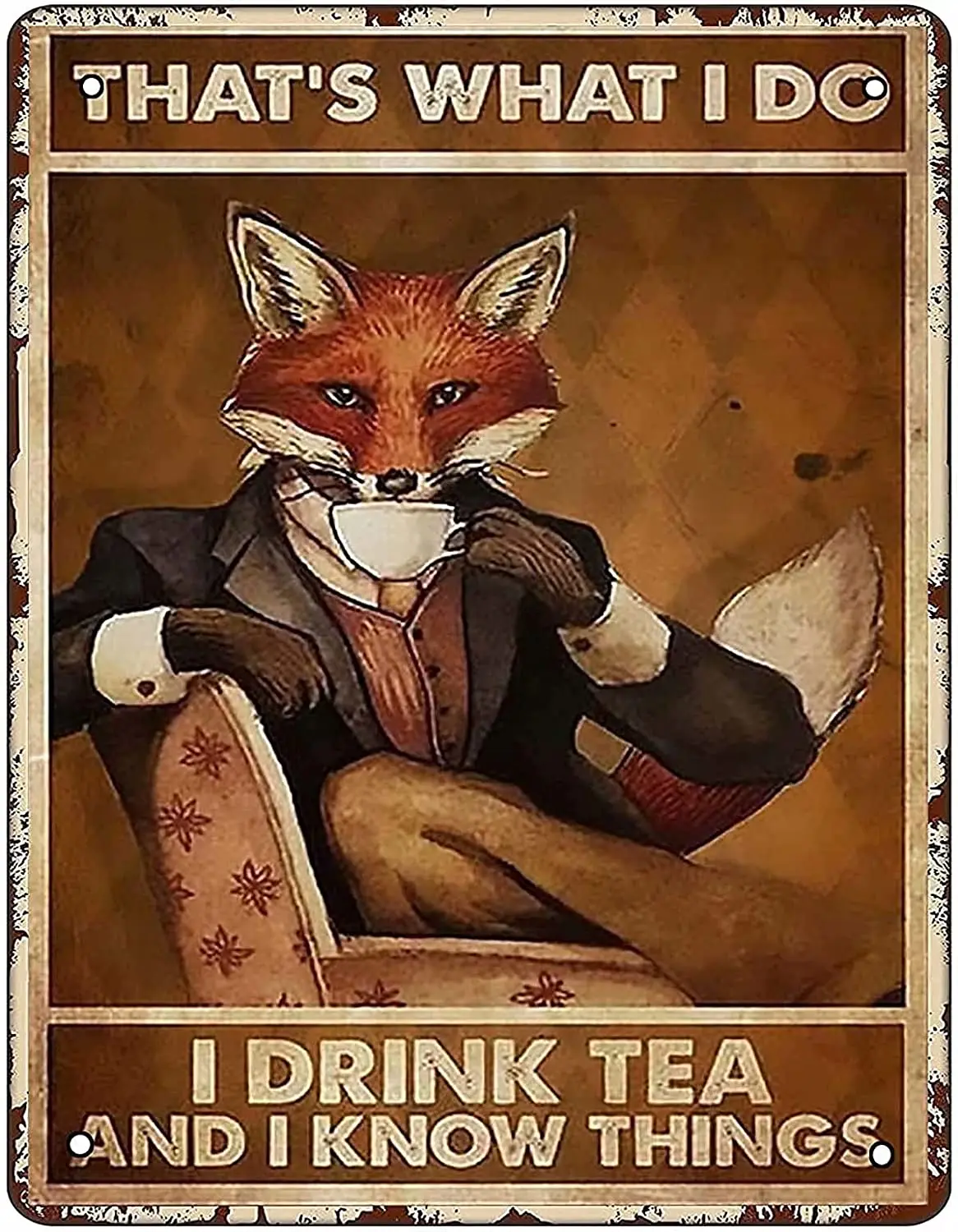

Retro Metal Tin Sign Vintage Fox Drink Tea Aluminum Sign for Home Coffee Wall Decor 8x12 Inch