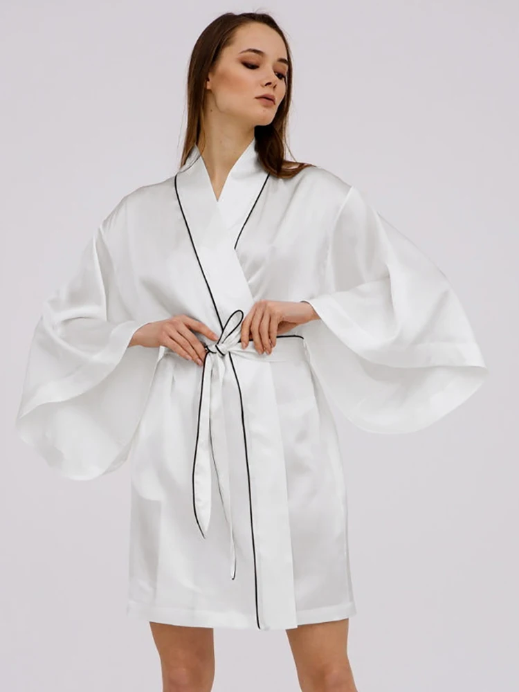 

Linad Loose Robes For Women Casual Three Quarter Sleeve V Neck Sleepwear Sashes White Bathrobe Female 2023 Summer Nightwear