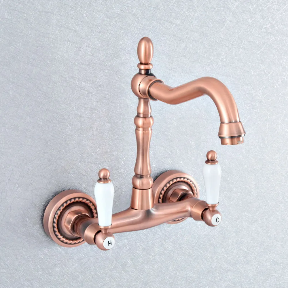 

Antique Red Copper Brass Wall Mounted Kitchen Wet Bar Bathroom Vessel Basin Sink Hot Cold Mixer Tap Swivel Spout Faucet msf882