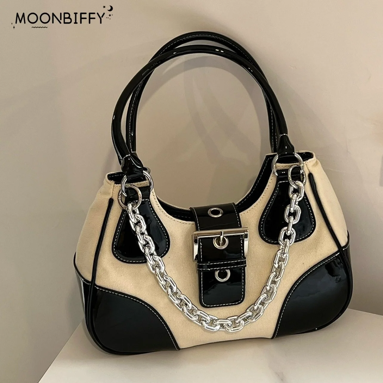 

Women Metal Chain Shoulder Crossbody Bags Vintage Sweet Cool Girls Canvas Underarm Bag Leather Y2k Tote Purse Handbags