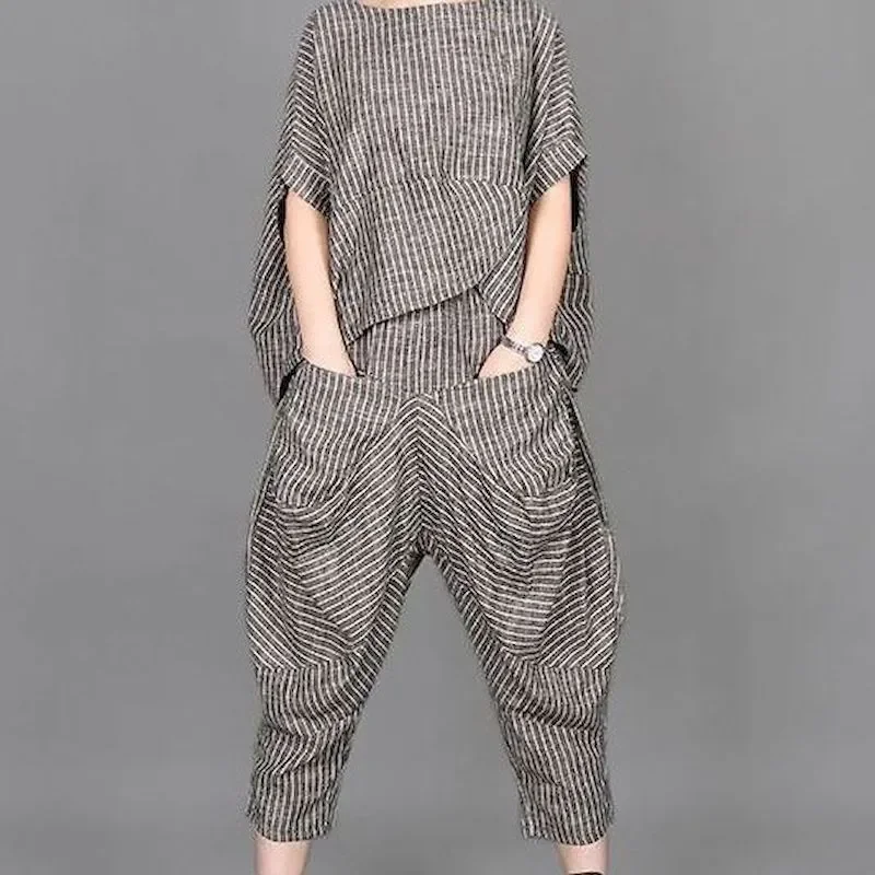 

NEW2023 летние новые женские костюмы Ретро Художественная полоса с коротким рукавом Футболка Свободный Топ женские Knickerbockers повседневные брюк...