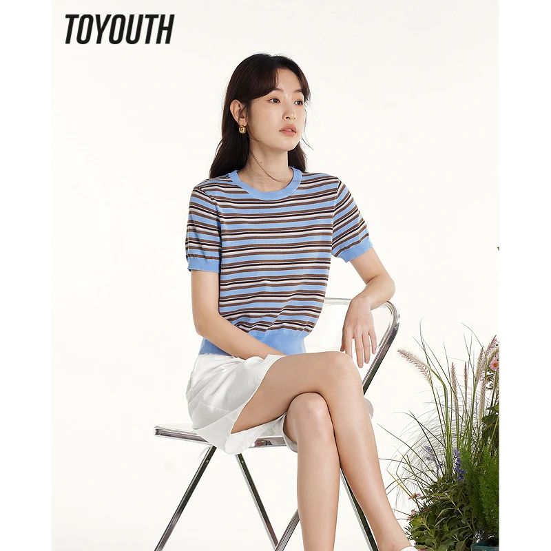 

Toyouth Women Knitwear 2023 Summer Short Sleeve Round Neck Stretch Loose T-shirt Contrasting Stripes Cool Fabric Casual Tops