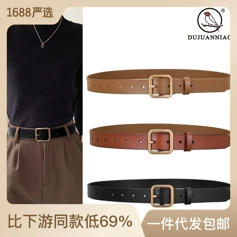 

New Cowhide Belt Women's Needle Buckle Leather Casual Versatile Retro Belt Women's Japanese Button Jeans Belt