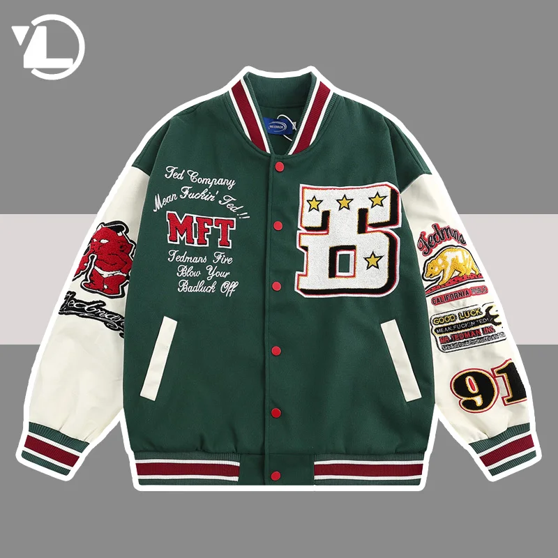 Baseball Jackets Men Hip Hop Retro Letter Flocking Embroidery Varsity Coats High Street Stand Collar Oversized Baseball Jacket