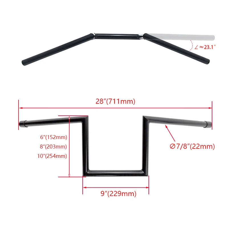 Фото Руль для мотоцикла Z Drag Bar 7/8'' (22 мм) для Honda, Suzuki, Yamaha, Kawasaki, Harley, чопперов, круизеров, бобберов, кастомных мотоциклов (высота 6 и 8 дюймов) №3