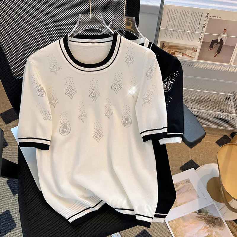 

Rhinestones Beaded Ice Silk Tshirt Tops Women Knitted Sweater Knitwear 2023 Summer Short Sleeve O-neck Fashion Loose Tees Jumper