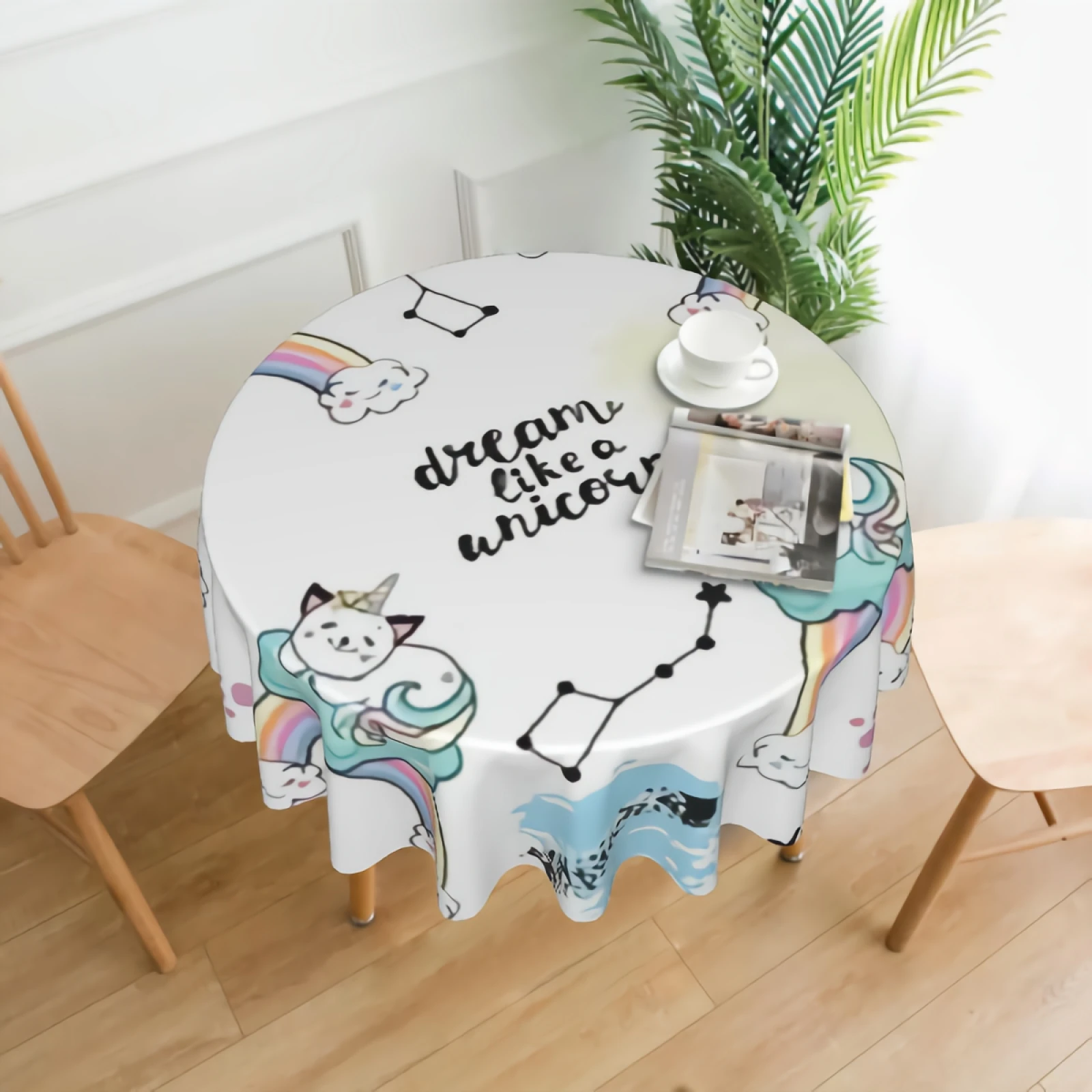 

Cat Unicorn Cats Round Tablecloth Waterproof Rainbow Clouds Table Cloth Cover Washable 60" Dining Decorative for Home
