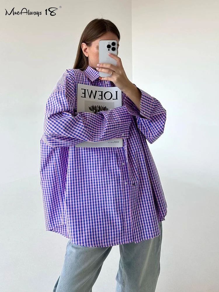 

Mnealways18 Casual Plaid Shacket Blouses Women Loose Lapel Gingham Oversized Shirts And Tops Streetwear Pure Cotton Shirts 2023