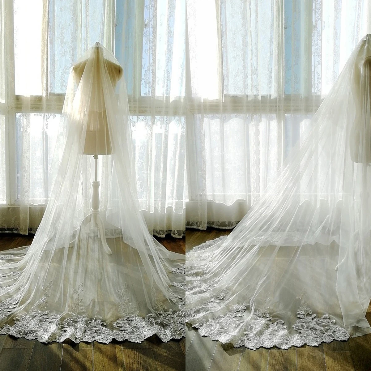 Свадебная фата с кружевной аппликацией длиной 3 метра цвета слоновой кости белый