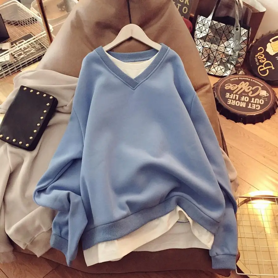 

Thicken Fleece Warm Women Hoodies Sweatshirts Fake 2 Pieces Patchwork Loose Casual Female Pulls Outwear Coats Tops