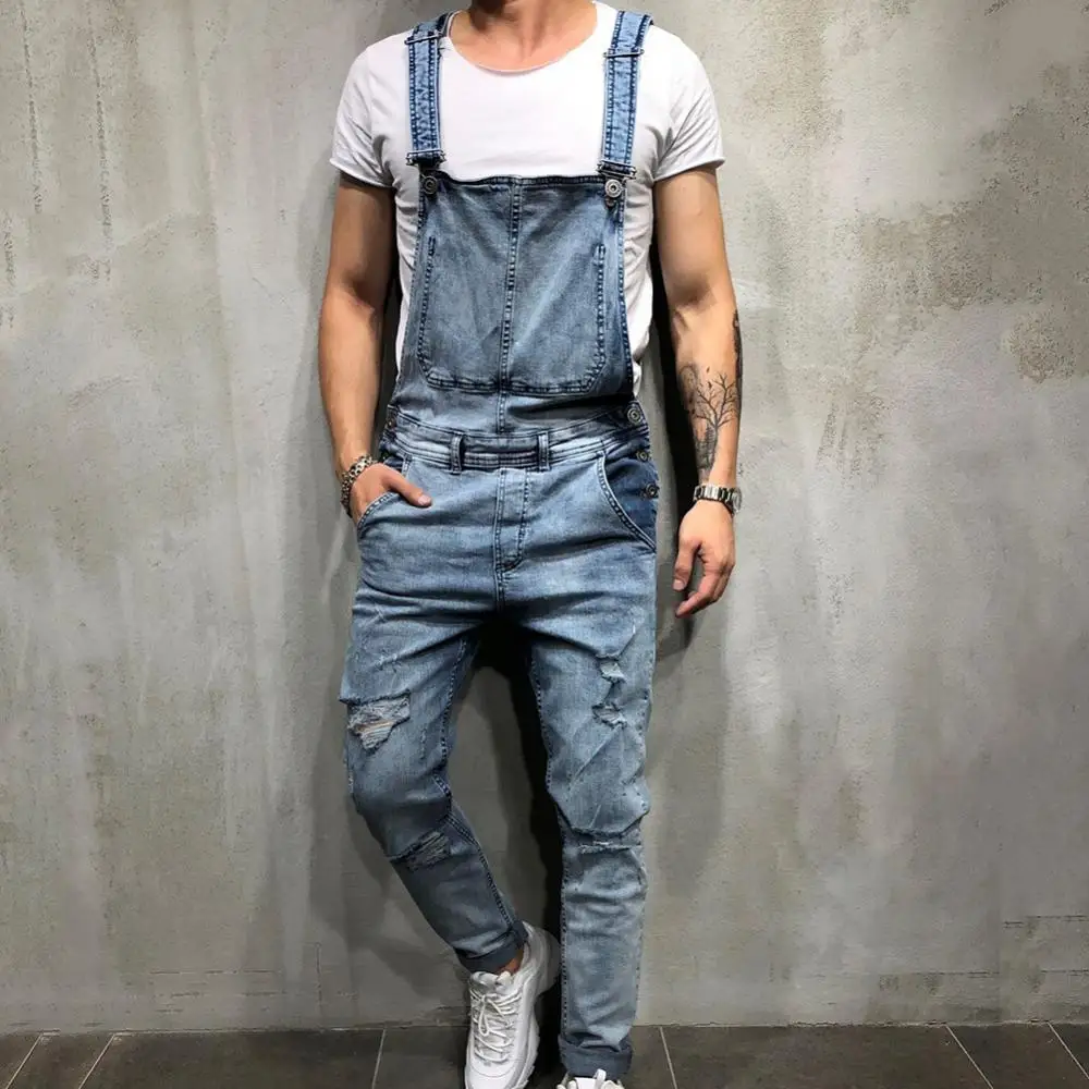 

Denim Jeans Summer Ripped Hole Long Pants Men Retro Overalls Destroyed Jumpsuit