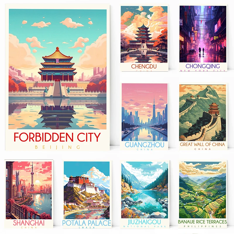 Китайский ландшафт Чэнду, Чунцин, запрещенный город, Zhangjiajie, плакаты и печать на холсте, Настенная картина для комнаты, домашний декор