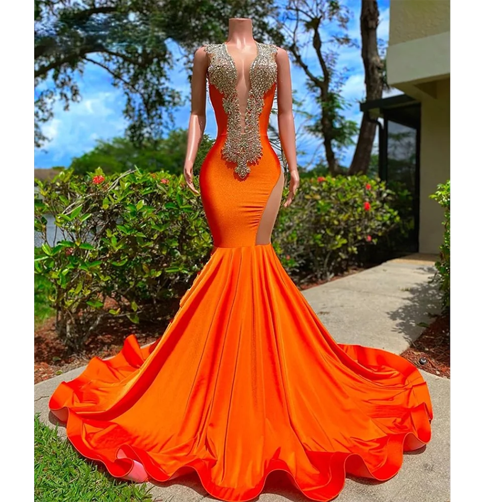 

Mermaid Backless Deep V-neck Sleeveless Orange Stain Silvery Appliques Floor Length Sexy Prom Dress for Women 2023 Evening Gowns