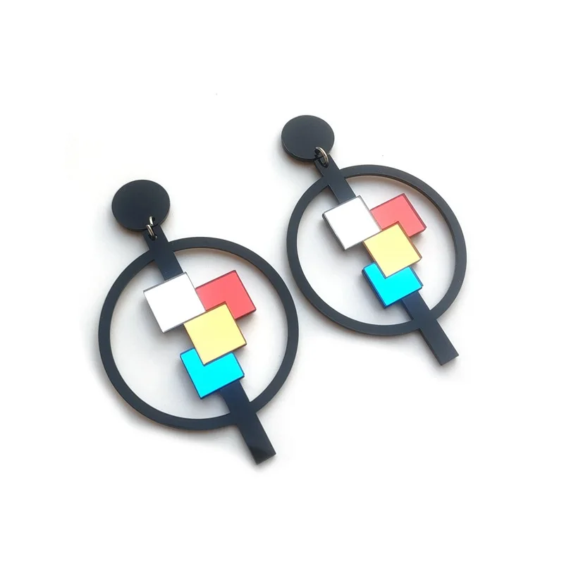 

Hollow Round Geometric Earrings Color Mirror Acrylic Splicing Square Big Drop Earrings For Women Nightclub Accessories