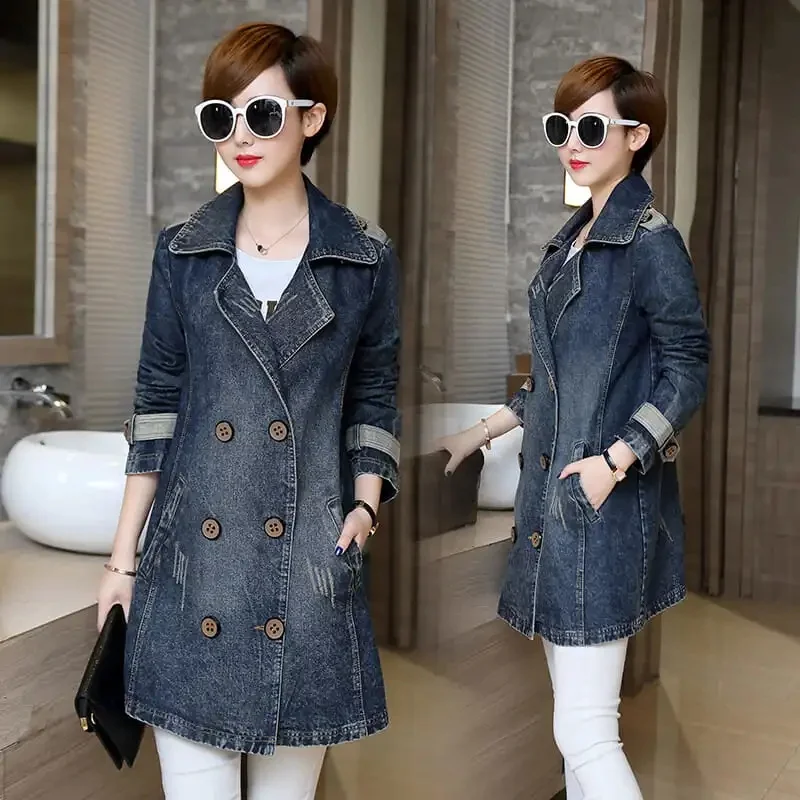 

[90-200 Catties] Women Loose Denim Jacket 2022 Spring And Autumn Fat MM Medium And Long Denim Trench Coat Female Grace Cardigan