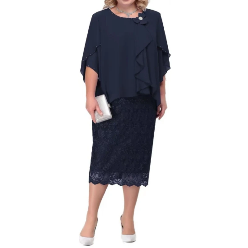 

Plus Size Summer Fashion Chiffon Hot Diamond Dress Women's Solid O-Neck Short Sleeve Pencil Dress Elegant Commuter Fit Dress