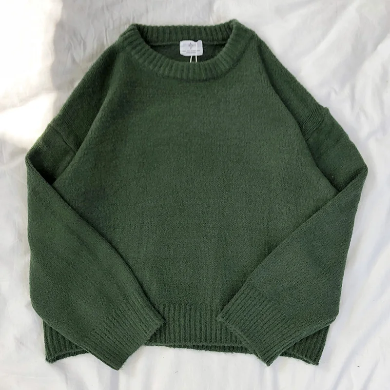 

Dark Green Round Neck Pullover Sweater Long Sleeve Warm Autumn Pullovers Jumper